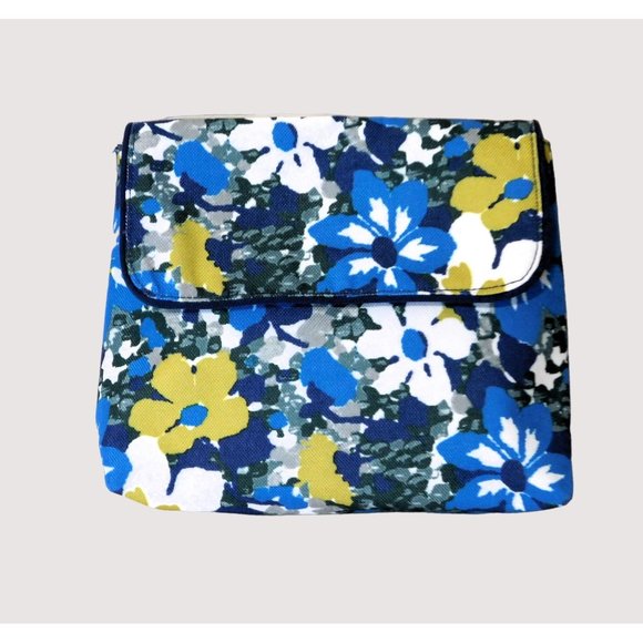 Estee Lauder Floral Print Large Cosmetic Bag Blue Green White Floral Zipper Snap - Picture 1 of 5